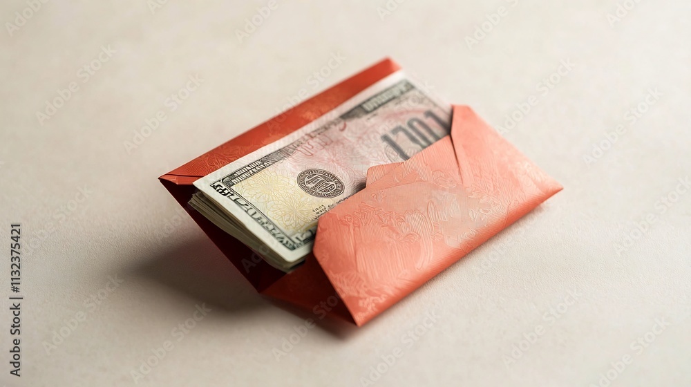 Poster neatly folded banknote emerging from traditional red ang pao envelope isolated on light beige backgr