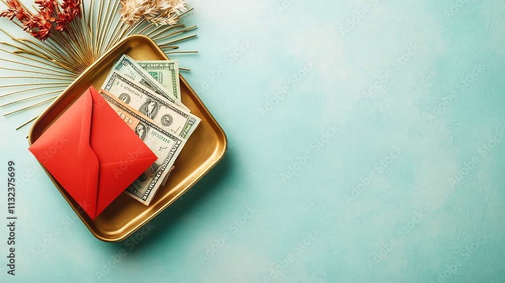 Poster elegant golden tray holding a red envelope and folded banknotes arranged in a simple and minimalist 
