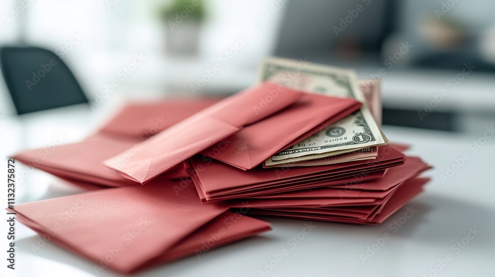 Poster meticulously arranged red envelopes stacked with banknotes visible on a simple white table backgroun