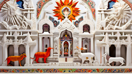 A prayer scene in a temple, where the walls are adorned with Otomi needlework depicting divine animals and sacred geometry