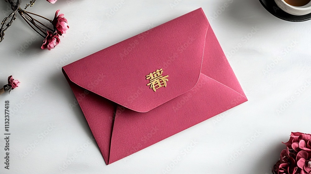 Poster elegant red chinese envelope embossed with traditional gold character meaning good fortune arranged 