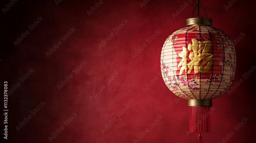 Poster hanging chinese new year lantern with the auspicious fu character painted in gold against a plain re