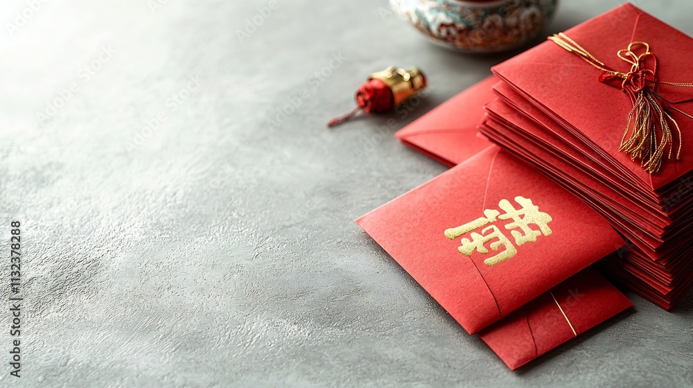 Poster neatly arranged stack of red envelopes with the traditional chinese character meaning good fortune o