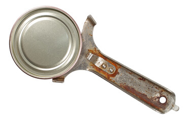 An old opener with an iron lid on a white background. Rusty can opener insulated.
