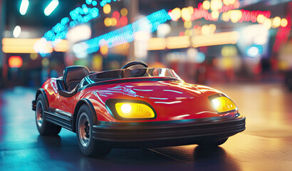 Fototapeta premium Bright red toy car with glowing headlights in vibrant setting