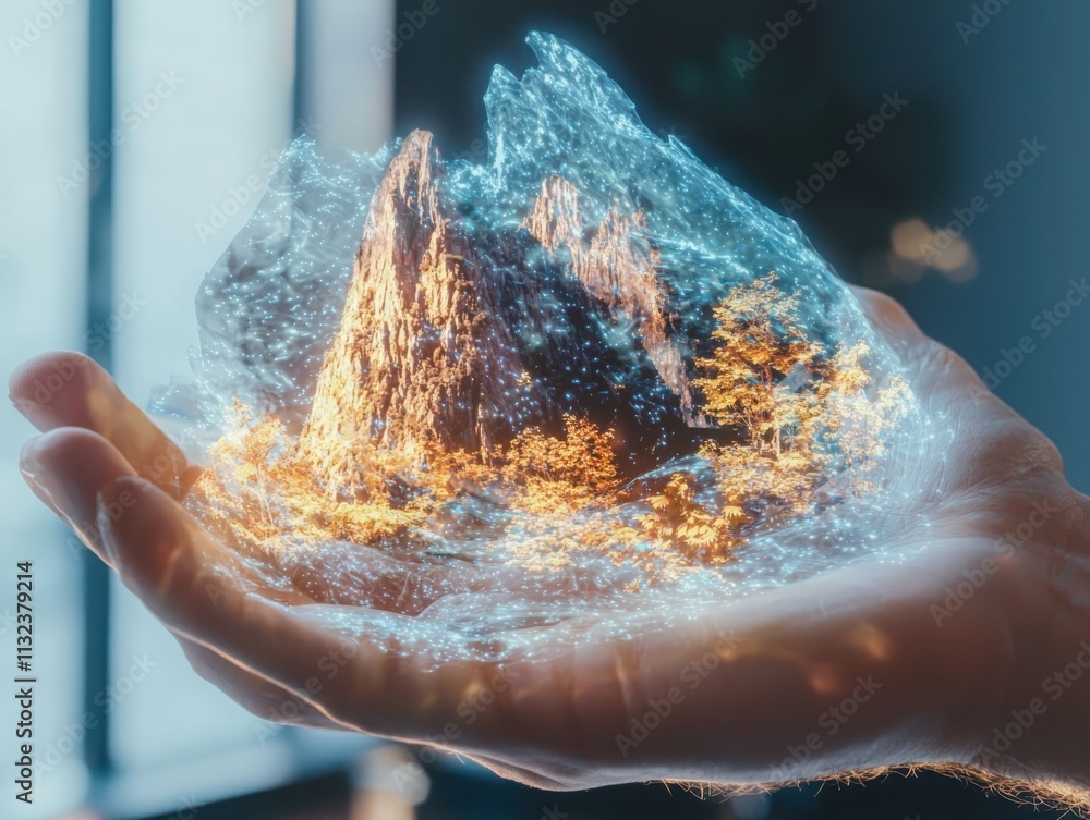 Poster hand interacting with augmented reality graphics indoor space digital overlay physical environment c