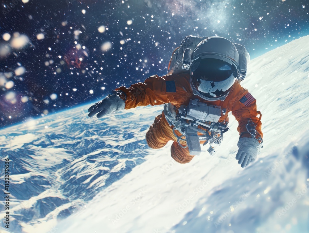 Poster astronaut floating in zero gravity space digital artwork cosmic environment earth and milky way view