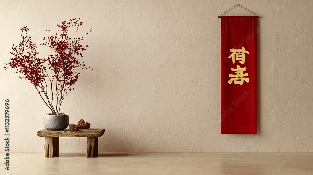 Poster elegant red banner with bold gold chinese character hanging against a smooth beige wall with clean m