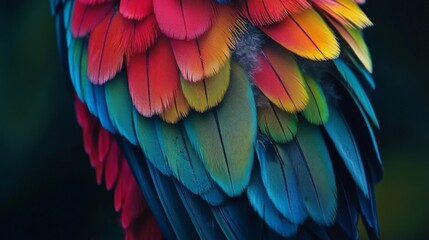 Obraz premium Vibrant feathers in a stunning array of colors. This close-up showcases the beauty of nature and art combined in a breathtaking way. Generative AI