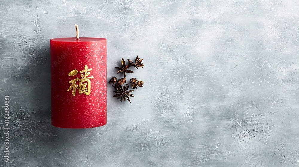 Poster elegant red candle with the embossed gold chinese character on a light gray background in a simple a