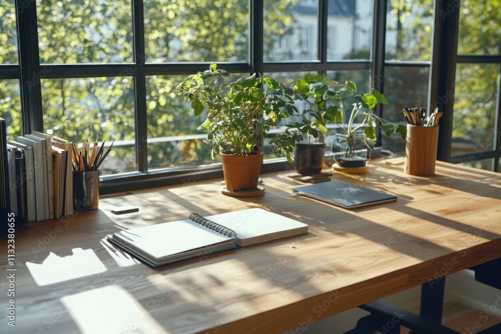 Poster create an inviting workspace setup with notebooks and stationery items inside a bright room lifestyl