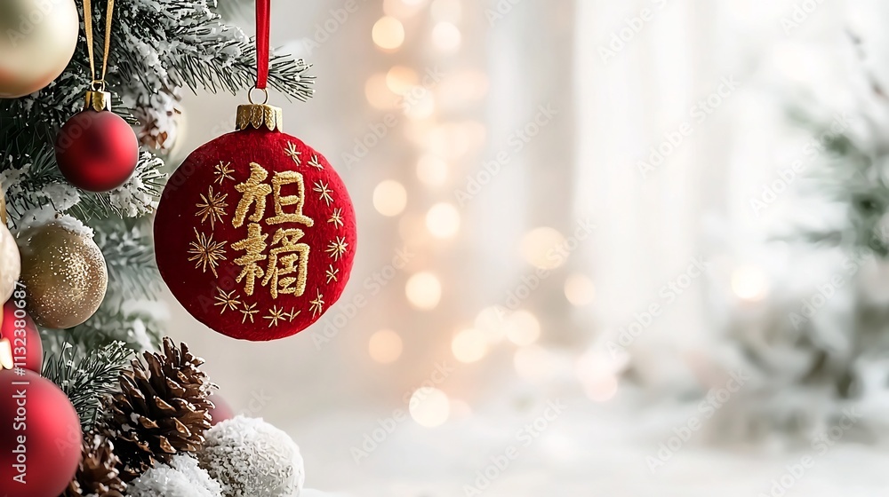 Poster elegant and minimalist red hanging featuring the auspicious chinese character surrounded by intricat