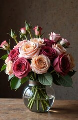 Obraz premium Stunning arrangement of pink and red roses in a clear glass vase on a marble background color mocha mousse. Trend color of 2025