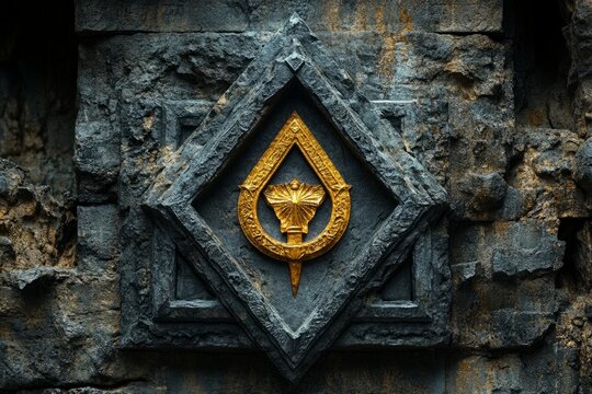 Close-up of intricately carved Masonic symbol in stone