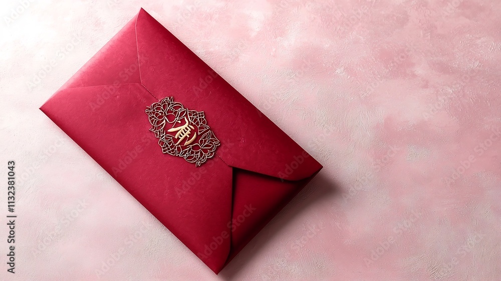 Poster elegant red envelope with intricate golden embossed design motif laid on a soft pink minimalist back