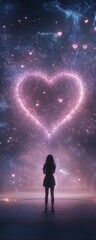 Obraz premium A silhouette of a person stands against a cosmic backdrop, with a glowing heart shape formed by stars and light.