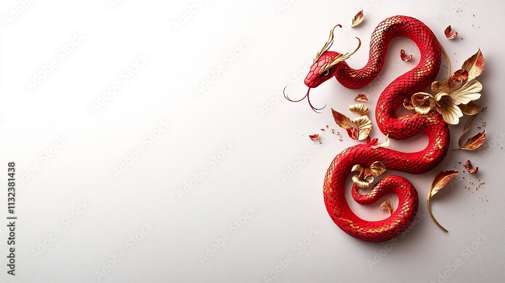 Poster elegant and stylized red and gold paper cutout featuring an intricate snake design isolated on a cle