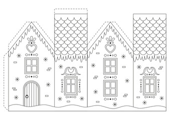 Coloring page with Christmas gingerbread house for kids. Craft game cut and glue paper. Education for kids, papercraft, Christmas decor. Vector illustration