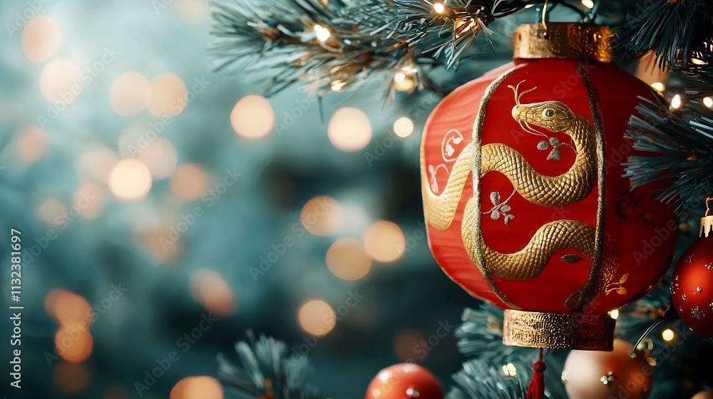 Poster decorative red chinese lantern with a golden snake motif painted on it hanging against a blurred fes