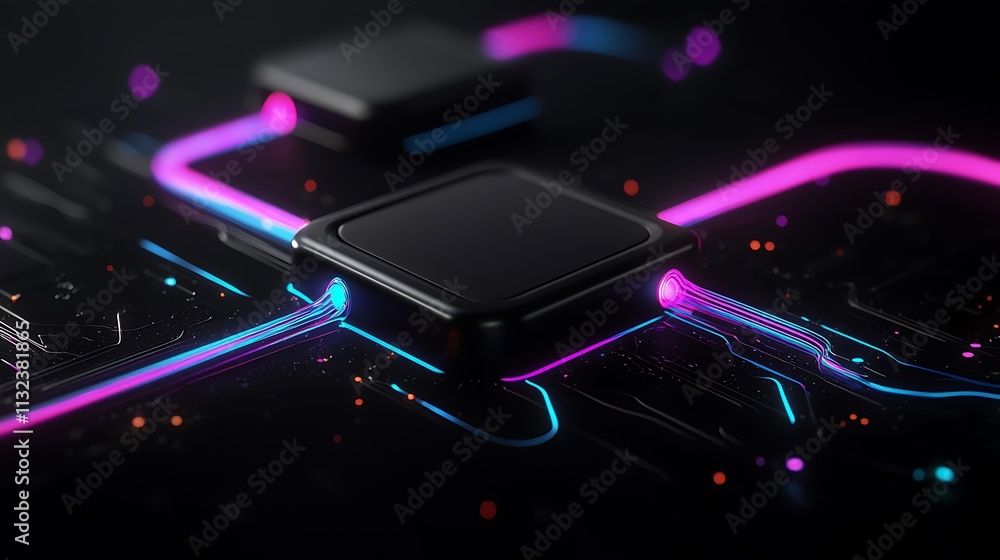 Poster abstract neon glowing lines connecting black square blocks on dark background.