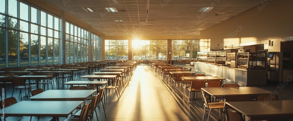 Poster A sunlit cafeteria with empty tables and a serving area.