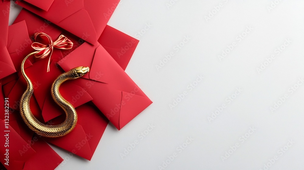 Poster Elegant gold snake charm ornament lying atop a pile of traditional red envelopes arranged on a simple clean white background with ample copy space for design or text overlay