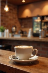 Fototapeta premium Cup of latte in mocha mousse colored cafe on table with warm lighting and cozy atmosphere.. 