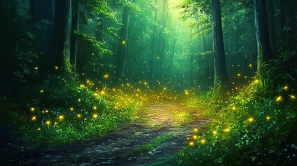 Obraz premium Twilight rainforest adventure nature exploration fireflies glowing serene environment enchanting viewpoint