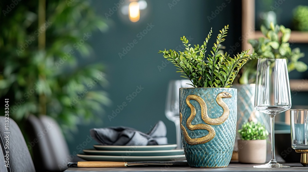 Poster elegant ceramic vase with a serpentine gold design pattern placed on a simple and modern table setup