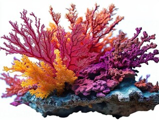 Bright composition of underwater coral reef with various corals and sea sponges, white background