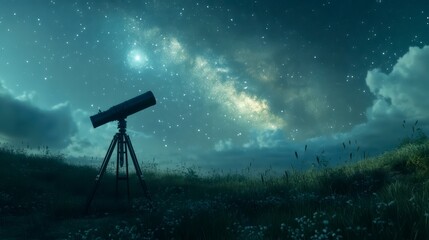 A tranquil night scene featuring a telescope set against a starry sky, highlighting the Milky Way and a field of grass, inviting stargazing and exploration of the cosmos.