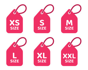 Clothing size icon set, XS, S, M, L, XL, XXL tags