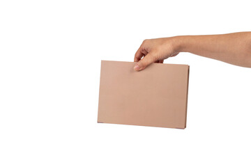 Blank book cover in hand on transparent background.