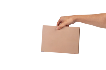 Blank book cover in hand on transparent background.