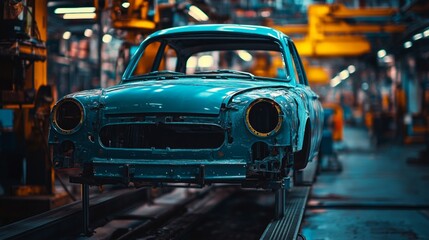 Obraz premium An awe-inspiring vintage car model is seen in an industrial factory setting. It showcases the beauty of automotive design and craftsmanship. Generative AI