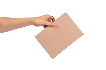 Fototapeta premium Blank book cover in hand on transparent background.