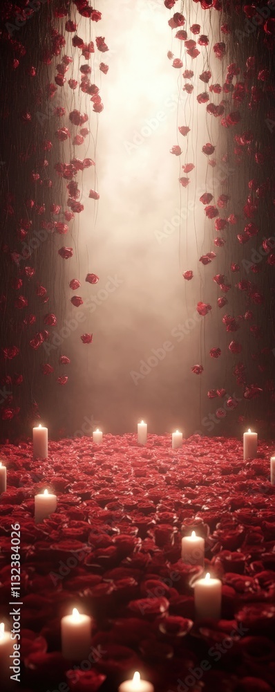 Poster a serene scene featuring floating rose petals and candles, creating a romantic and tranquil atmosphe
