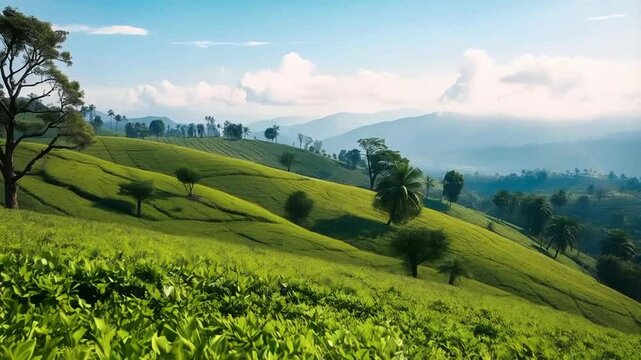 Scenic view of a sprawling green tea estate in the picturesque hills of Munnar