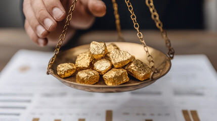 detailed close up of hand weighing gold nuggets on scale, showcasing value and beauty of precious metals. image captures essence of wealth and investment
