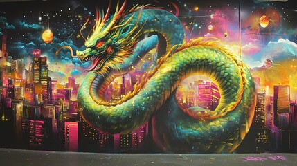 Obraz premium Cosmic Dragon Over Metropolis: A vibrant mural depicting a majestic dragon soaring above a futuristic cityscape under a starry cosmos.