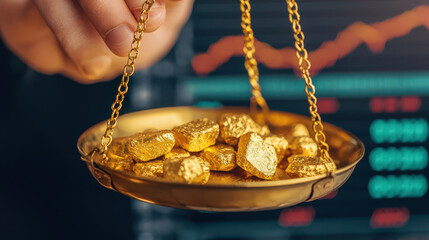 detailed close up of hand weighing gold nuggets on scale, showcasing value of precious metals against financial background. image conveys sense of wealth and investment