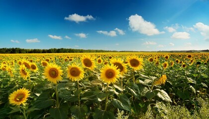 Obraz premium A vibrant sunflower field under a clear blue sky.