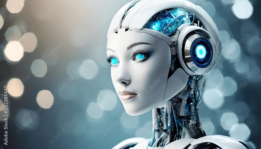 Poster futuristic portrait of a female robot exploring the intersection of technology and humanity through 
