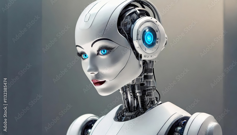 Poster futuristic portrait of a female robot exploring the intersection of technology and humanity through 