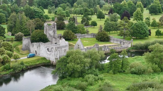 Drone shot of Desmond Castle in Adare, Ireland