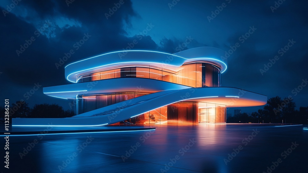 Poster futuristic architectural design with glowing lines and modern curves at night.