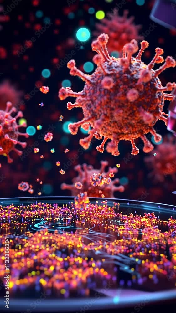 Poster visual representation of virus particles in a futuristic science lab during a research session
