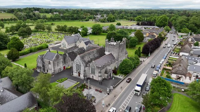 Aerial view of St. Nicholas Church of Ireland in Adare, Ireland