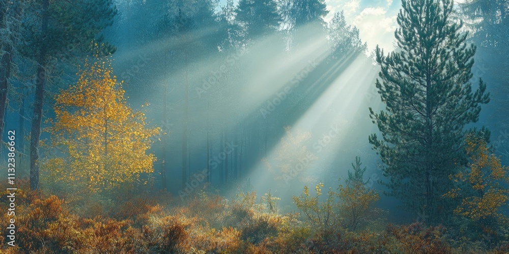 Poster sunbeams filtering through a coniferous forest create a serene atmosphere on a misty autumn morning,