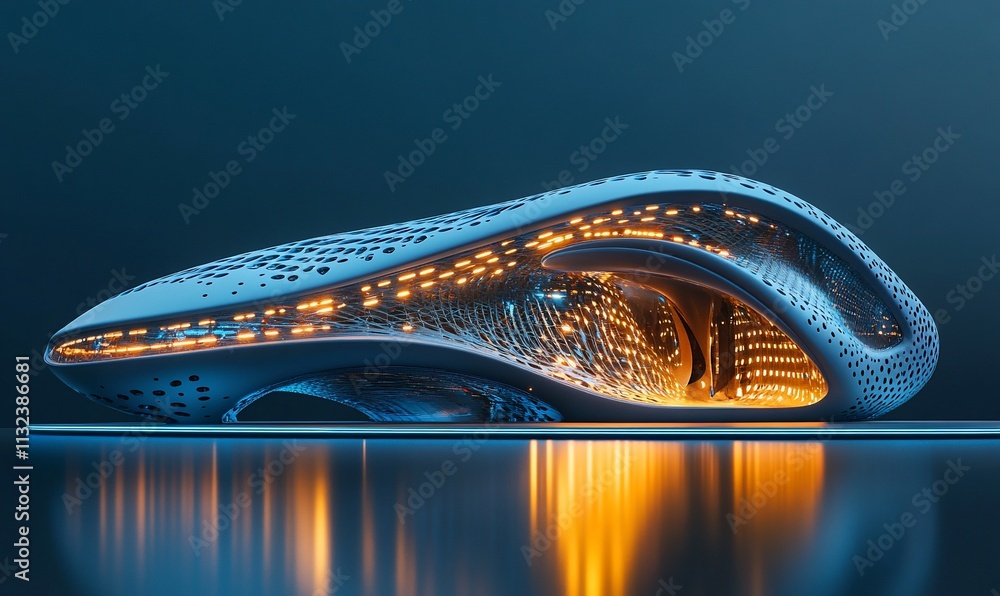 Poster futuristic architectural design with illuminated organic shapes and textures.